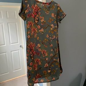 Bird print silk dress.